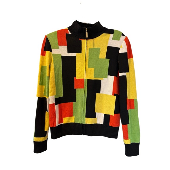 Rare St John Full zip sweater Mod shapes in dark Orange, Black, Green and Yellow - Picture 1 of 10